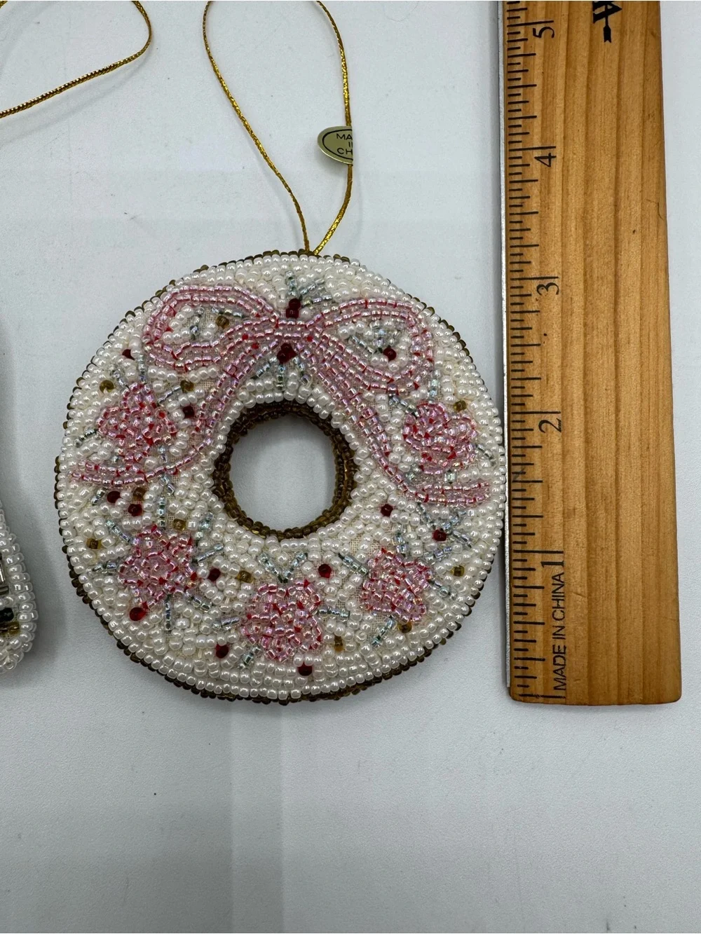 2 VTG Hand Beaded Embroidered Christmas Holiday Ornaments Bell Wreath